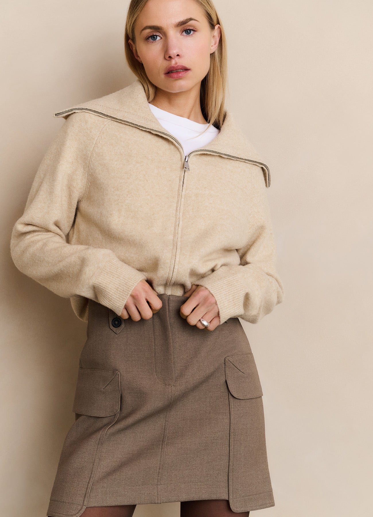 Cardigan With Zipper And Wide : Yellow Sand Beige Melange 99009