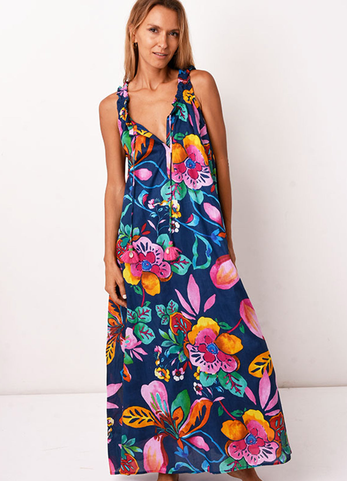 Robe Longue Col Plisse Ss Manches : 0551 Bleu Fonce