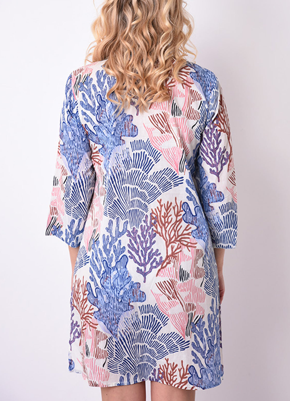 Tunique Col V Brode + Lien Coton : 0554 Bleu Fonce