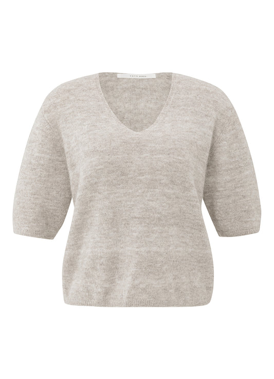 V-Neck Short Sleeve Sweater In Melange Yarn : Cloud Grey Melange 99032