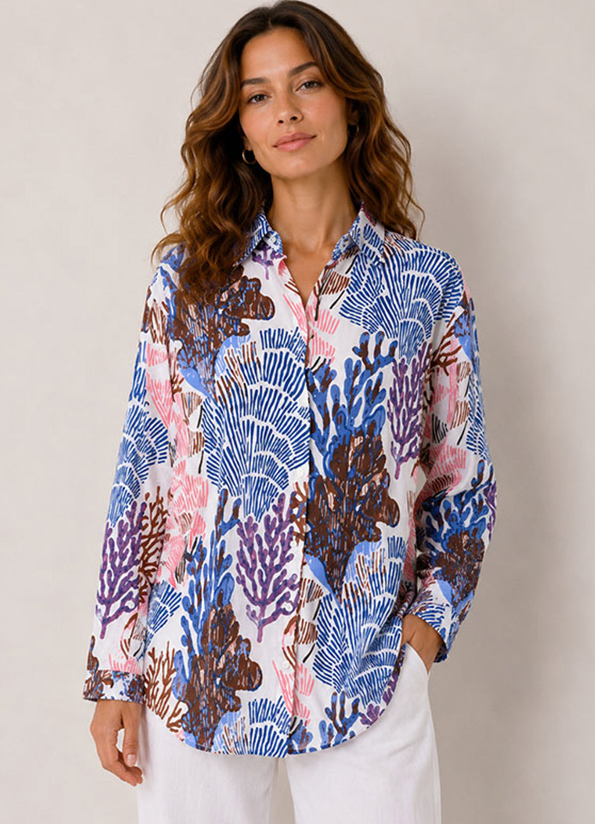 Chemise Coton Imprimee Col Boutonne : 0554 Bleu Fonce
