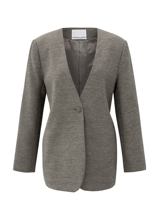 Woven Collarless Blazer With Belt : Dark Taupe Grey Melange 91619