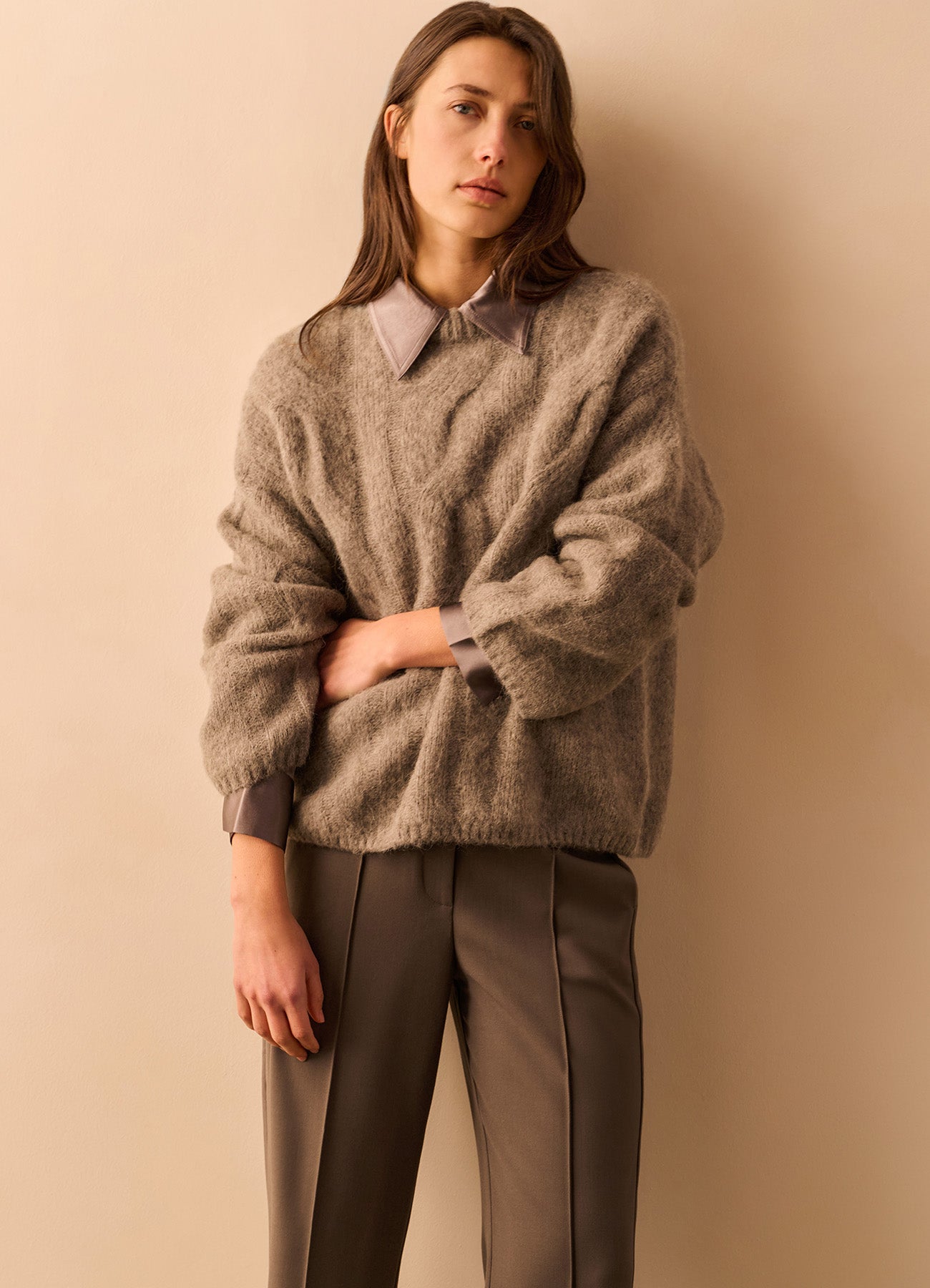 Cable Sweater Round Neck Ls : Taupe Grey Melange 99033