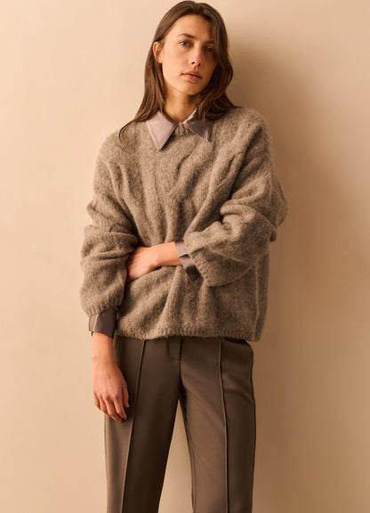 Cable Sweater Round Neck Ls : Taupe Grey Melange 99033