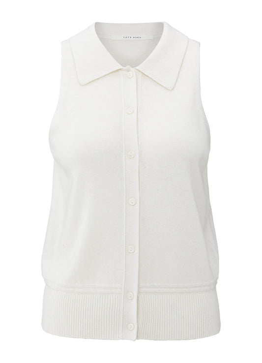 Sleeveless Cardigan With Collar : Early Frost White 990312
