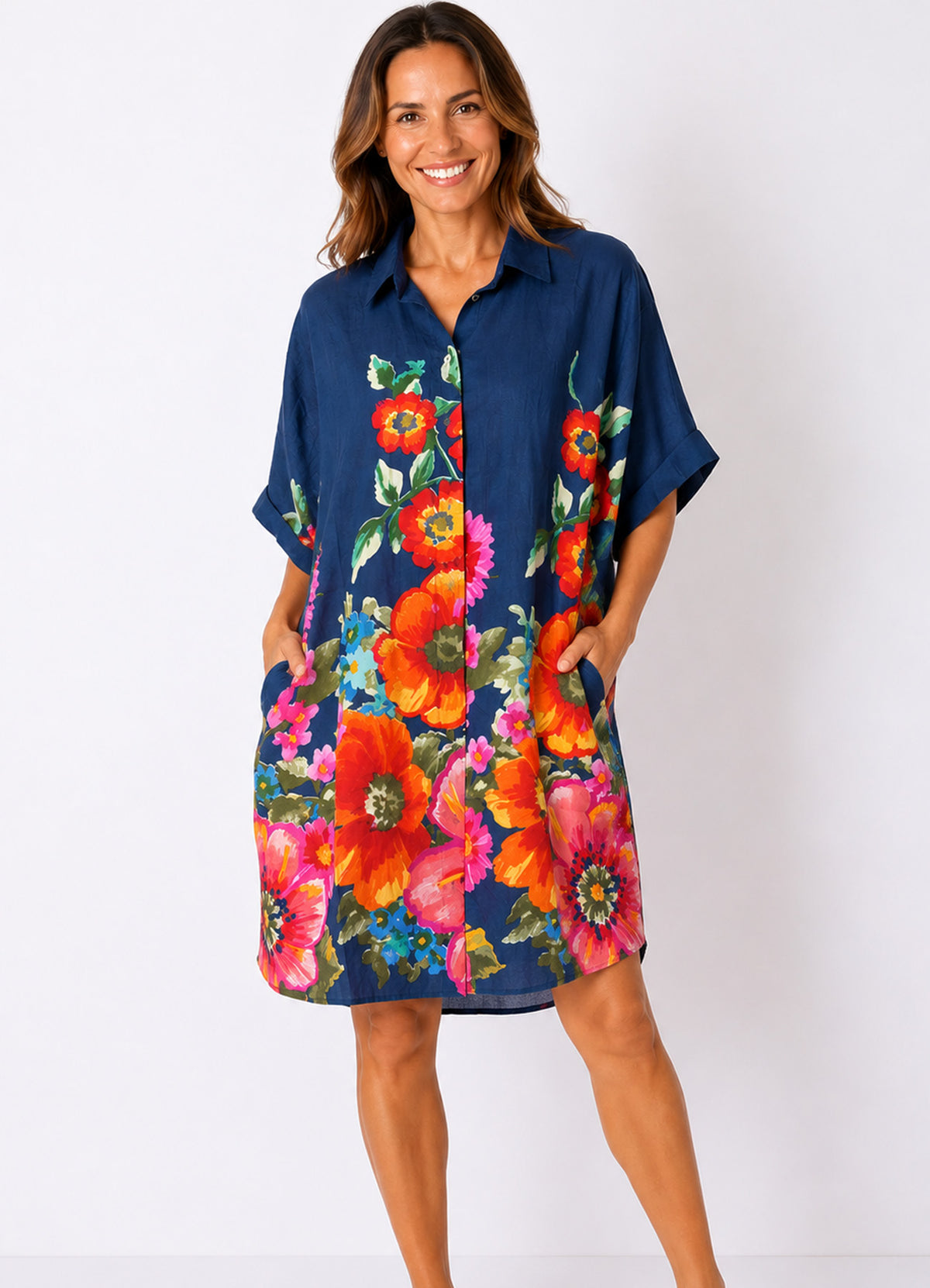 Chemise Coton Oversize Imprimee : 0552 Bleu Fonce