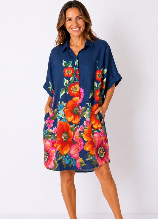 Chemise Coton Oversize Imprimee : 0552 Bleu Fonce