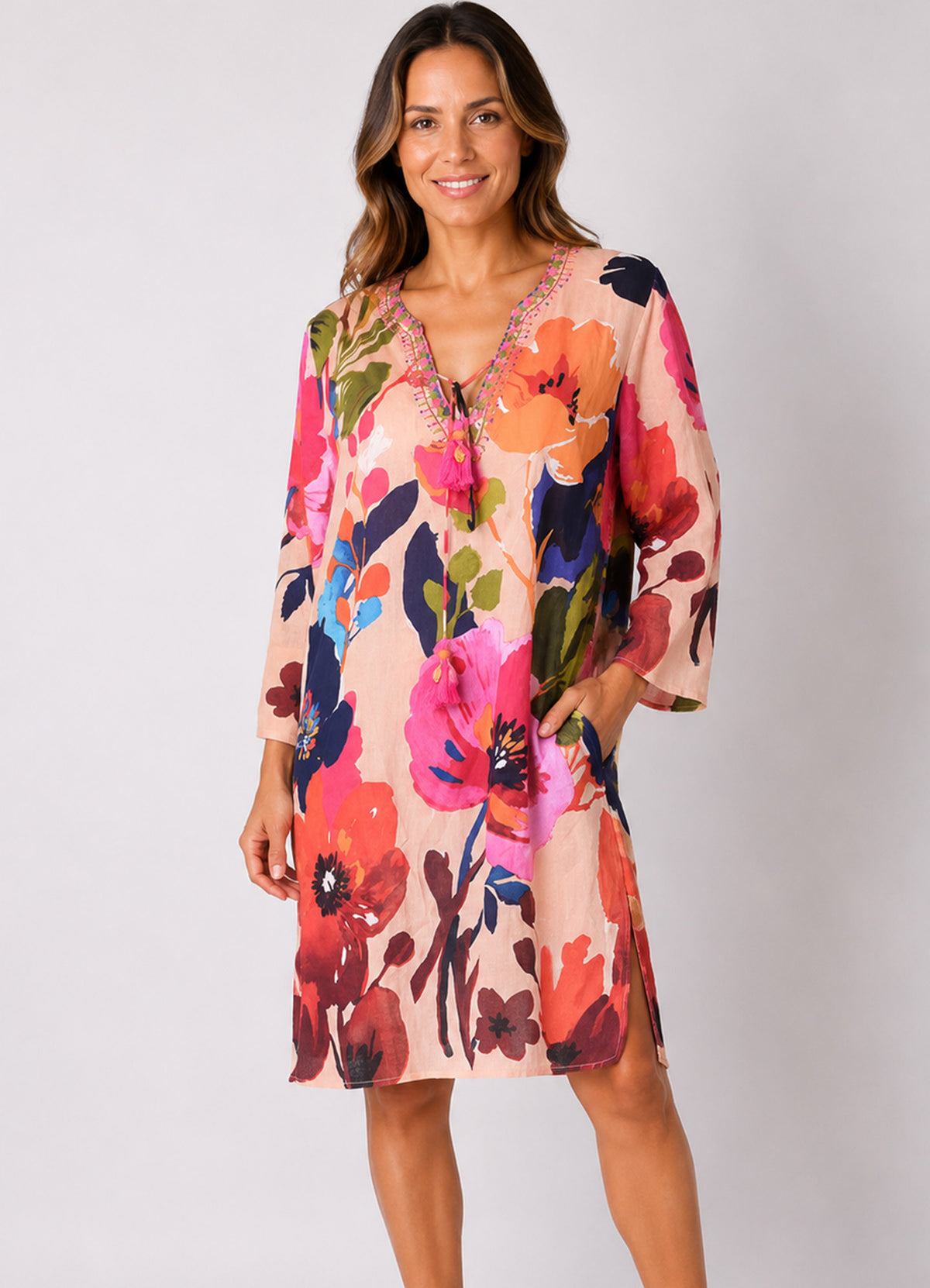 Tunique Col V Brode + Lien Coton : 1351 Multi Fonce