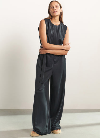Jersey Sleeveless Jumpsuit With Placket Detail : Washed Black 99989