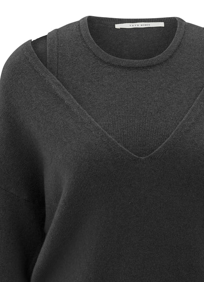 Deep V-Neck Sweater With Top : Oyster Black Melange 902052