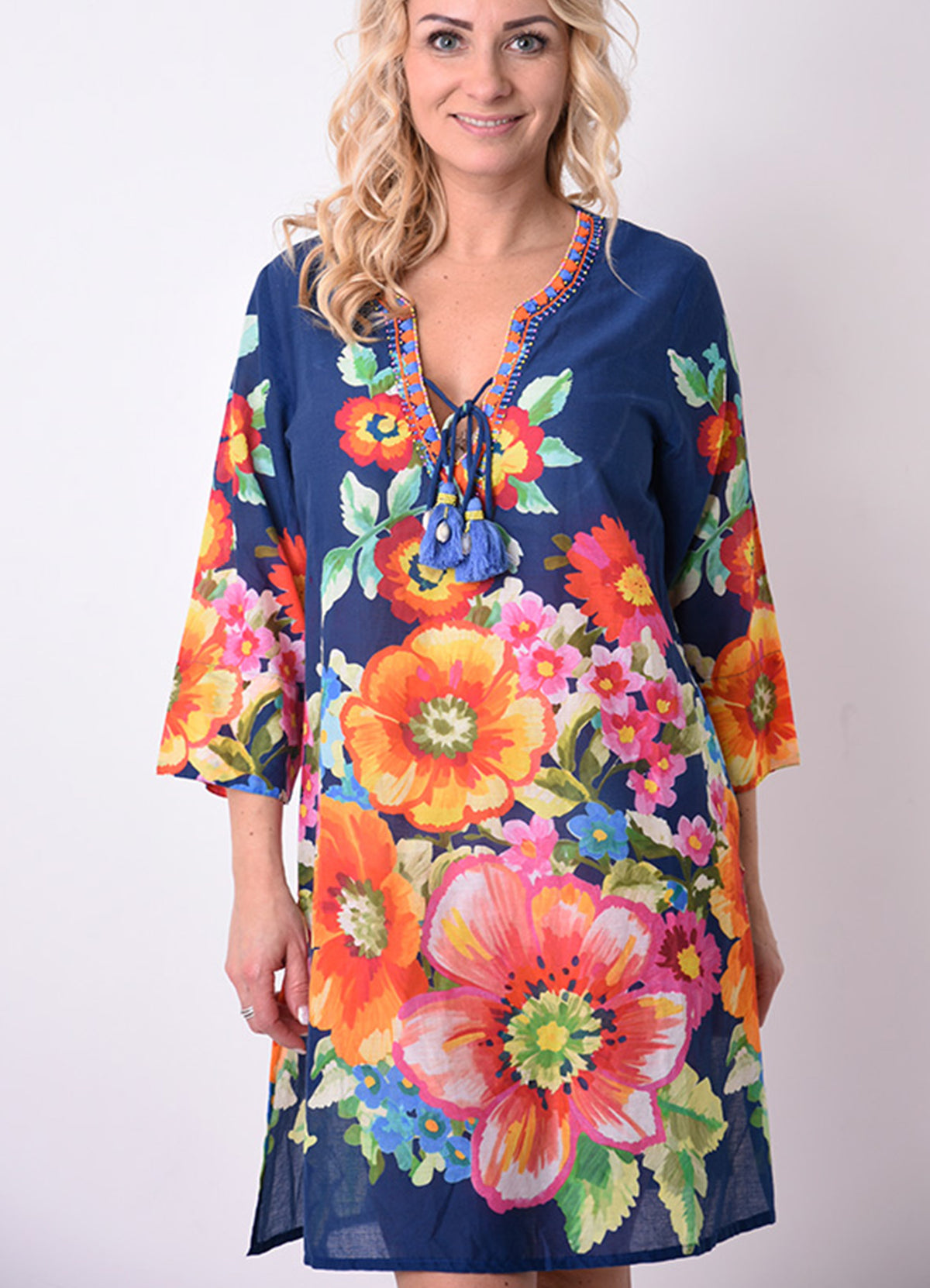 Tunique Col V Brode + Lien Coton : 0552 Bleu Fonce