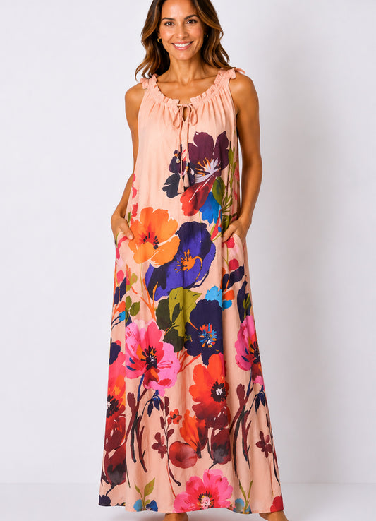 Robe Longue Col Plisse Ss Manches : 1351 Multi Fonce
