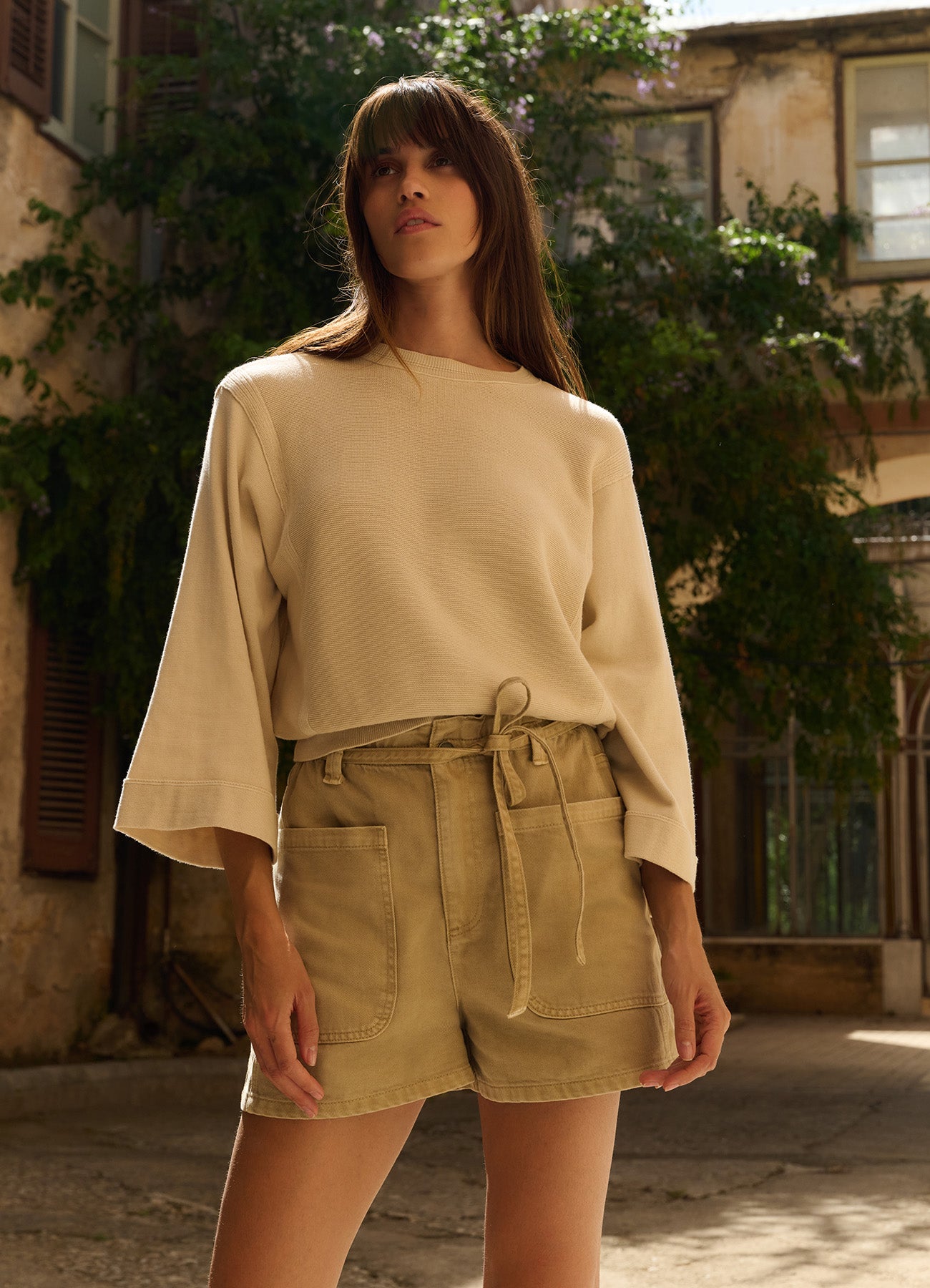 Garment Dye Woven High Waist Cargo Short : Summer Sand 20908