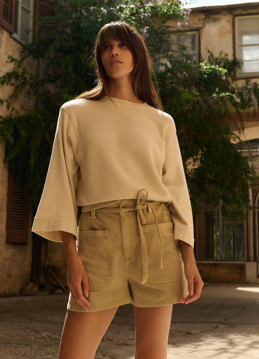 Garment Dye Woven High Waist Cargo Short : Summer Sand 20908