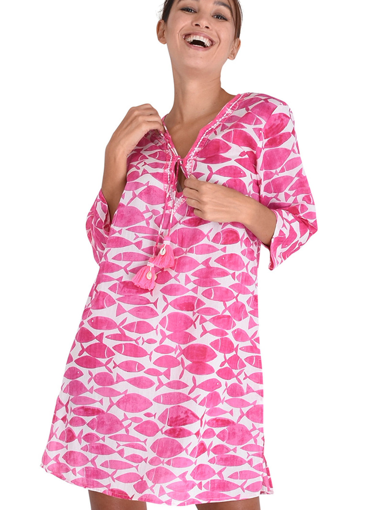 Tunique Col V Brode + Lien Coton : 0453 Rose Fonce