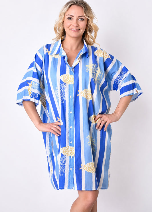 Chemise Coton Oversize Imprimee : 0504 Bleu Clair