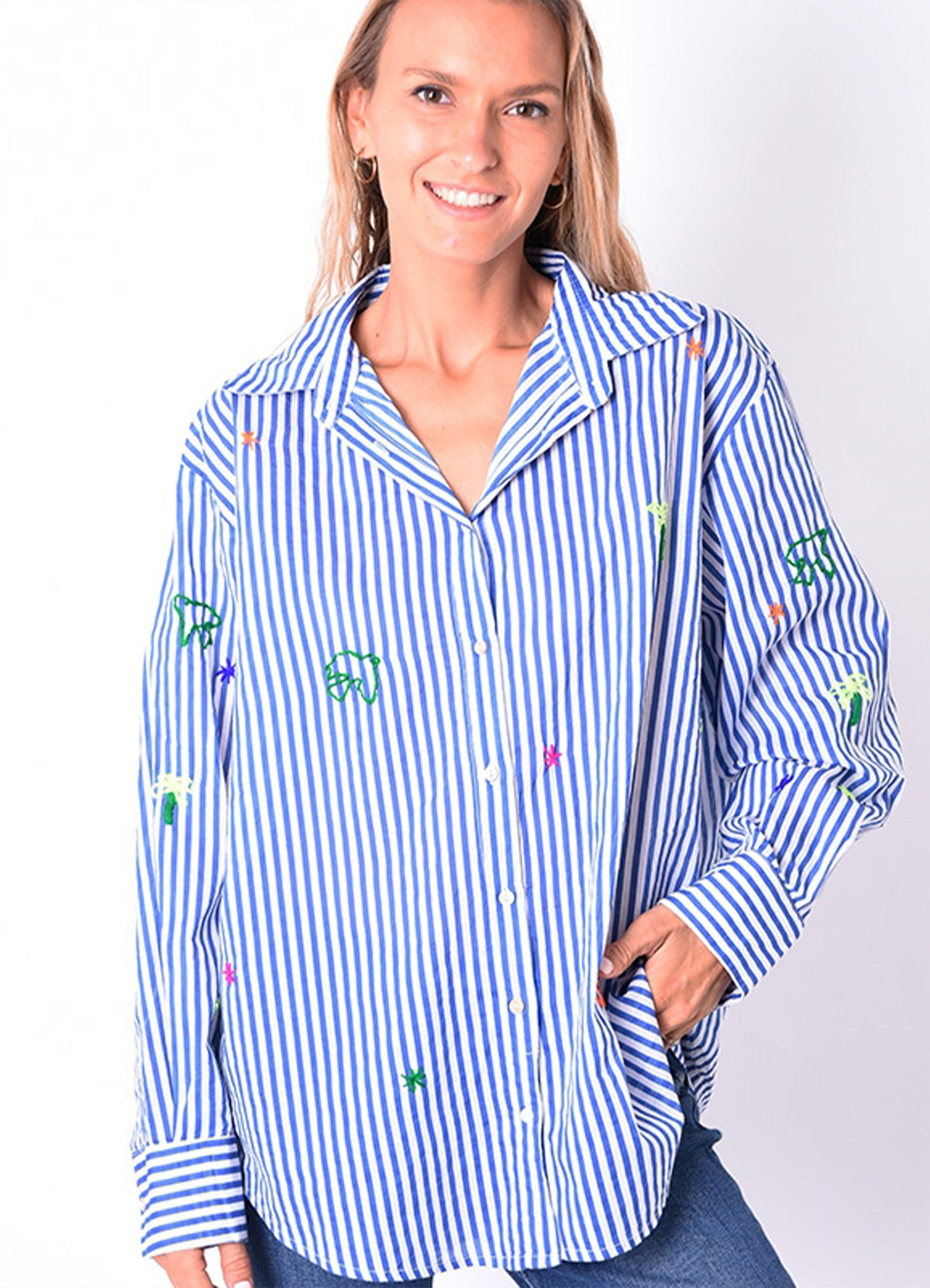 Chemise Coton Brodee Palmiers Et Etoile : 0501 Bleu Clair