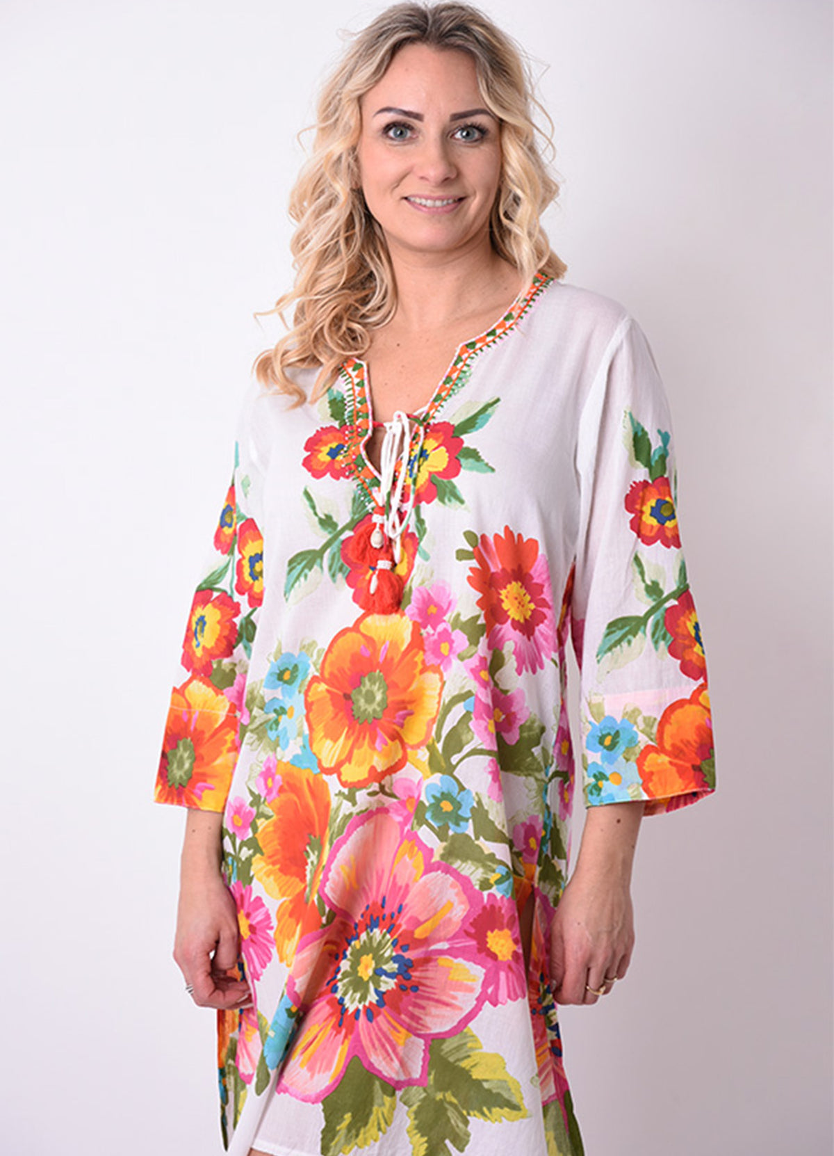 Tunique Col V Brode + Lien Coton : 0101 Blanc