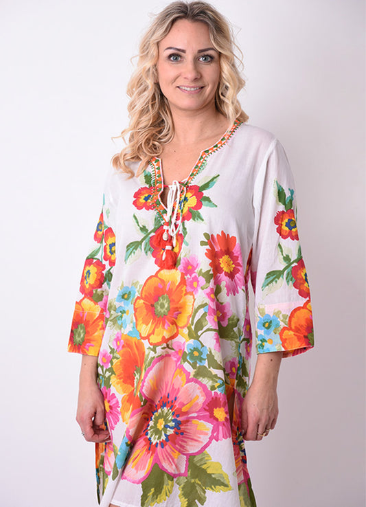 Tunique Col V Brode + Lien Coton : 0101 Blanc