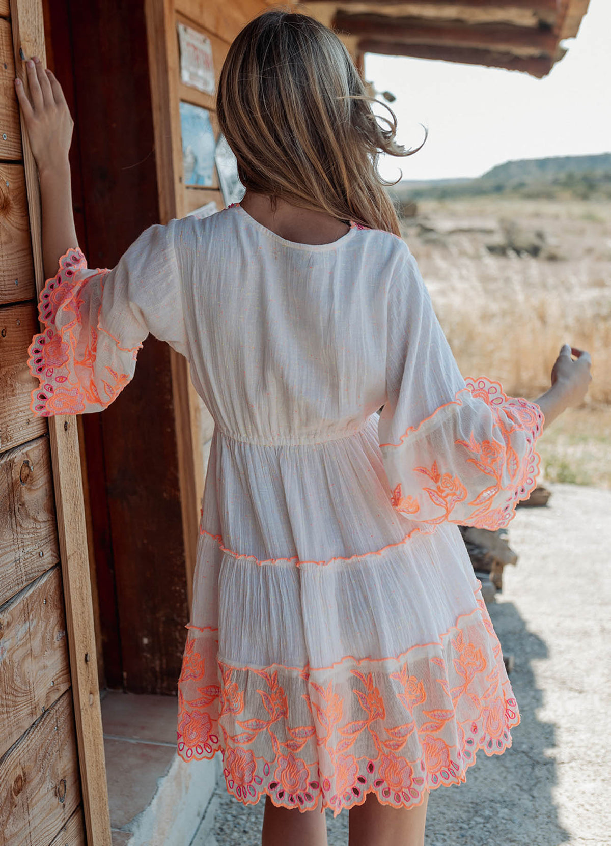 Fluor Embroidered Short Dress : White And Orange Neon