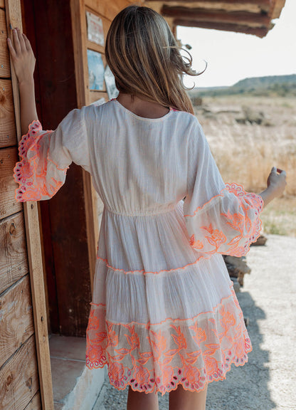 Fluor Embroidered Short Dress : White And Orange Neon