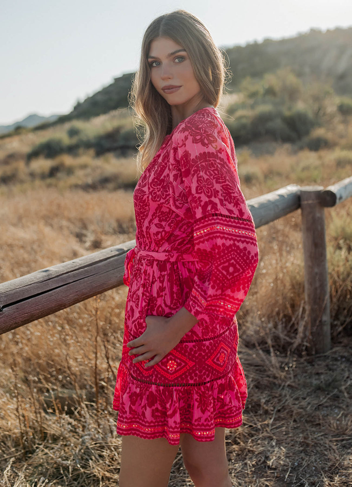 Long Sleeves Short Dress : Fucxia