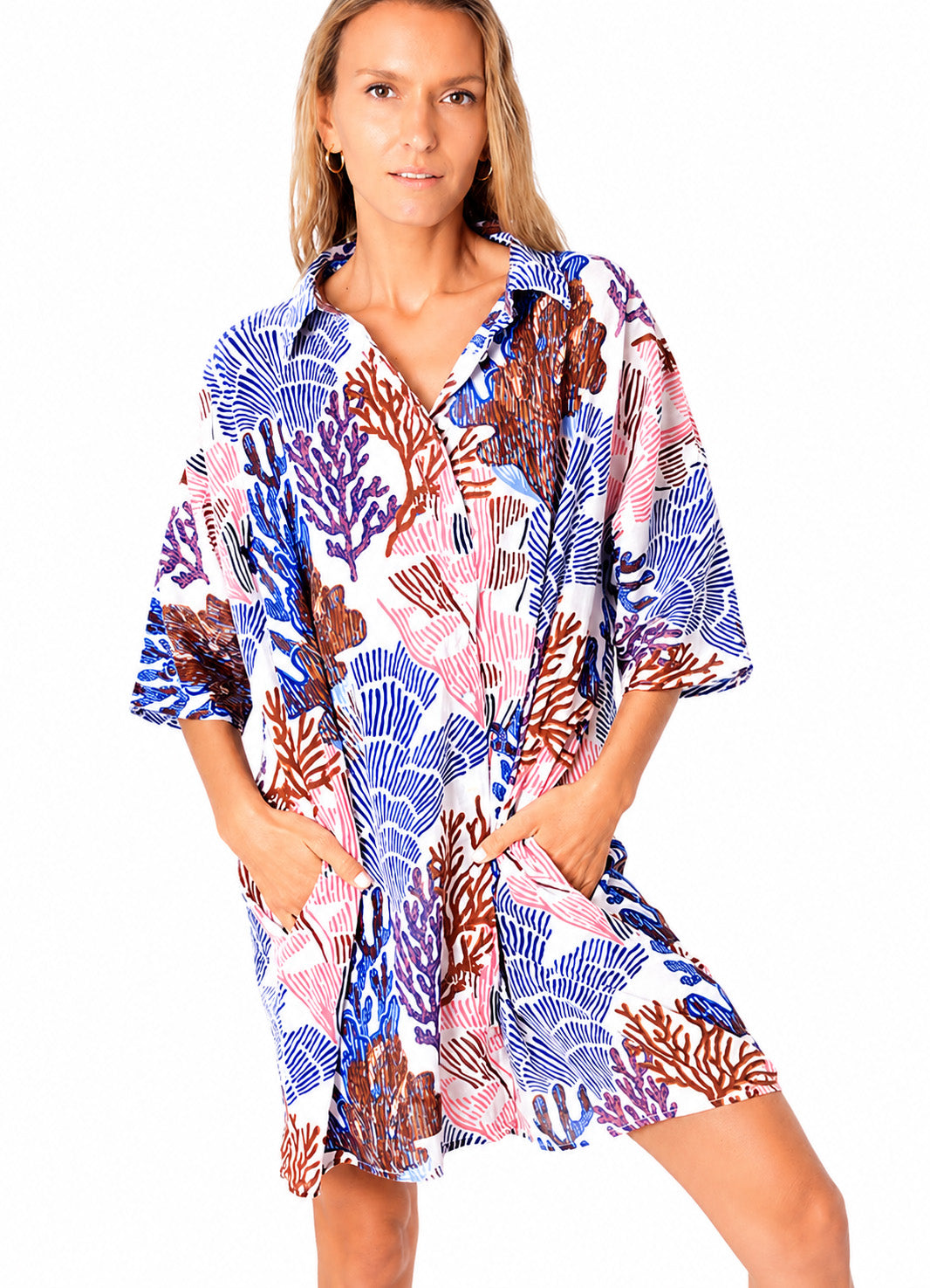 Chemise Coton Oversize Imprimee : 0554 Bleu Fonce