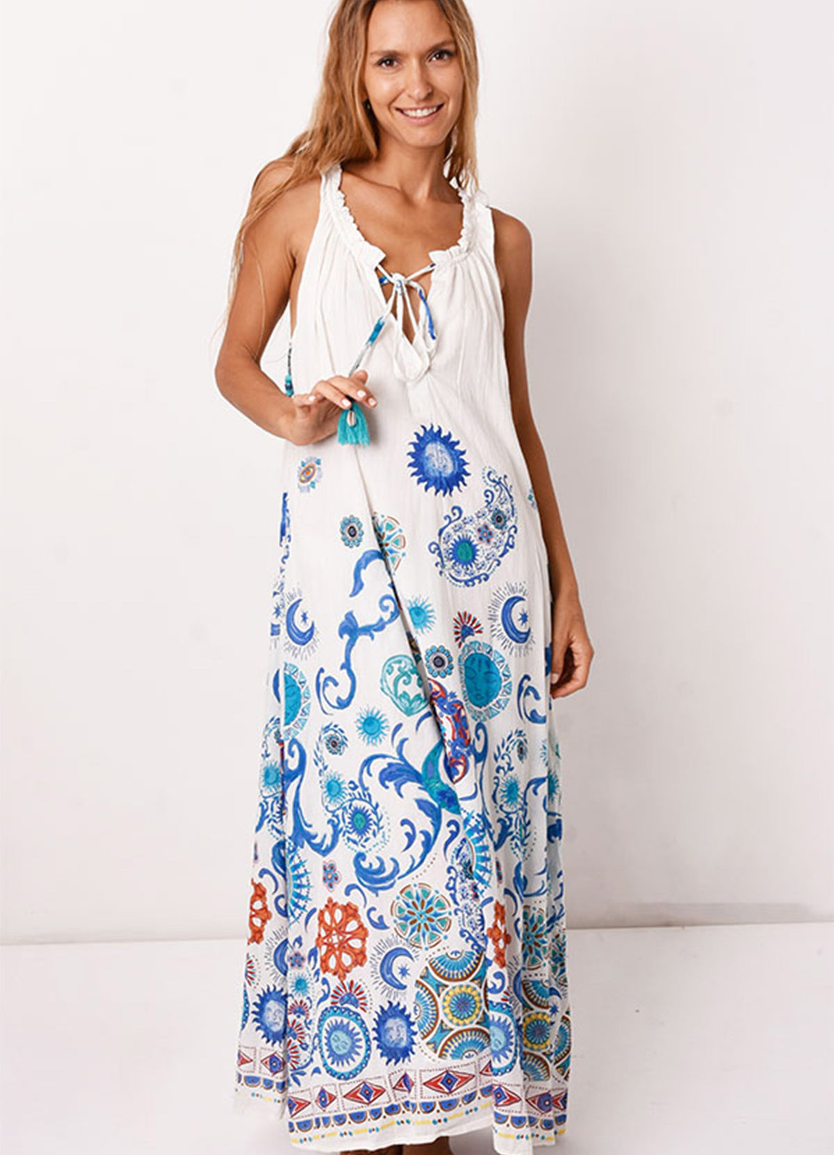 Robe Longue Col Plisse Ss Manches : 0100 Blanc