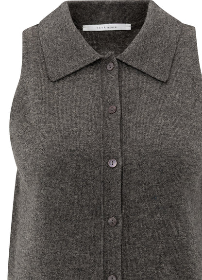 Sleeveless Cardigan With Collar : Dark Taupe Grey 990332
