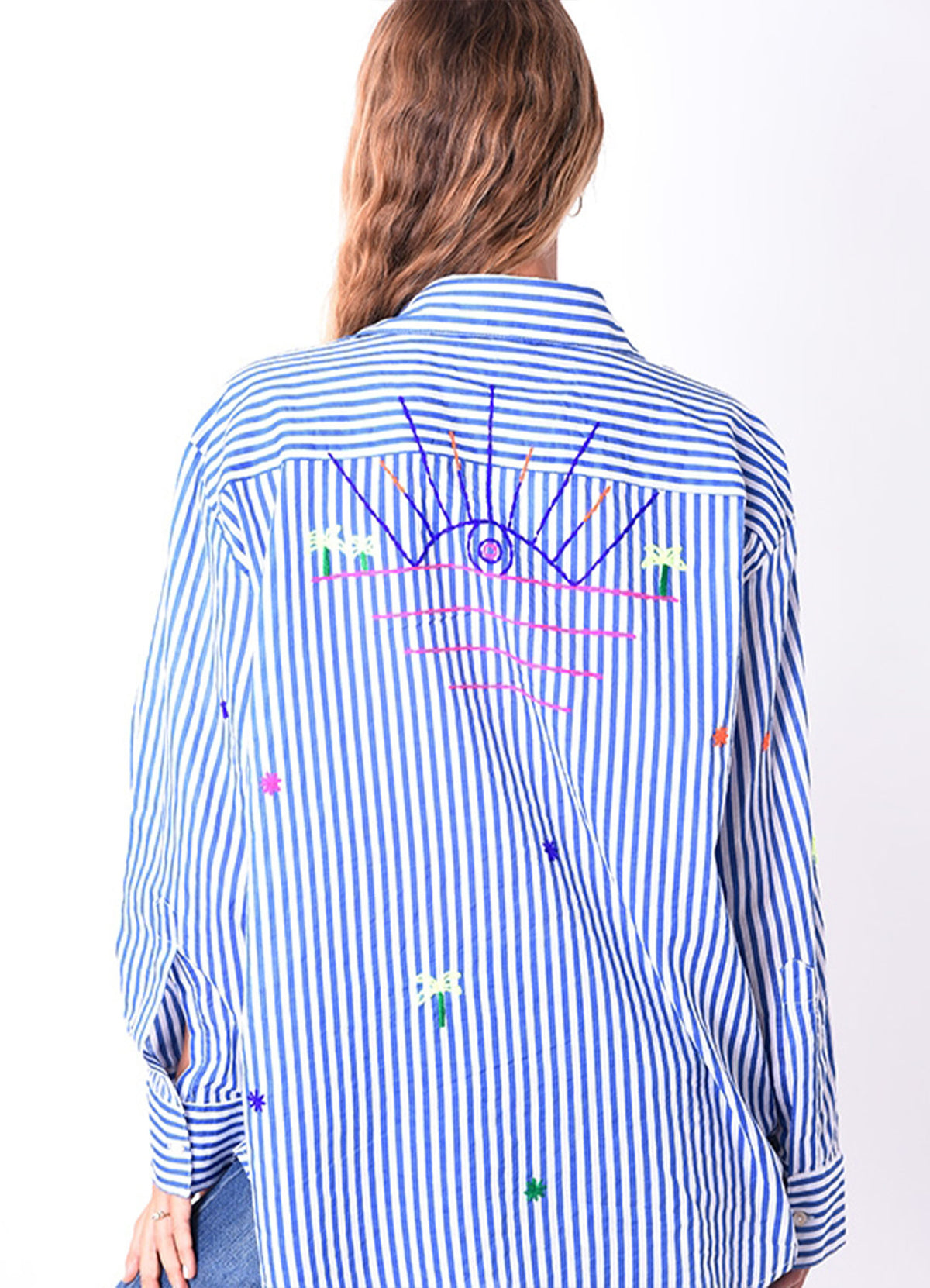 Chemise Coton Brodee Palmiers Et Etoile : 0501 Bleu Clair