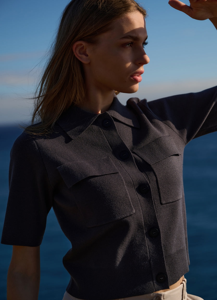 Short Sleeve Cardigan With Chest Pockets : Phantom 94205