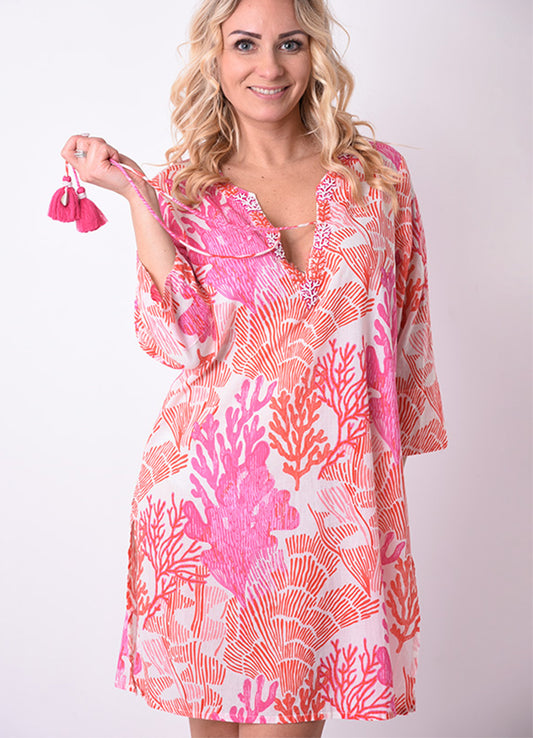 Tunique Col V Brode + Lien Coton : 0450 Rose Fonce