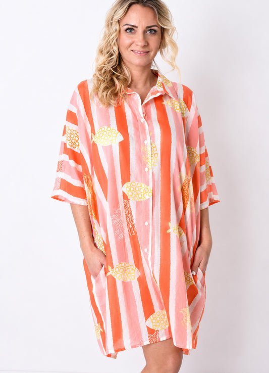 Chemise Coton Oversize Imprimee : 0601 Rouge Clair