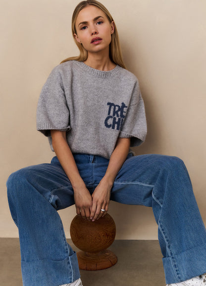 Short Sleeve Sweater With Artw : Light Grey 99001