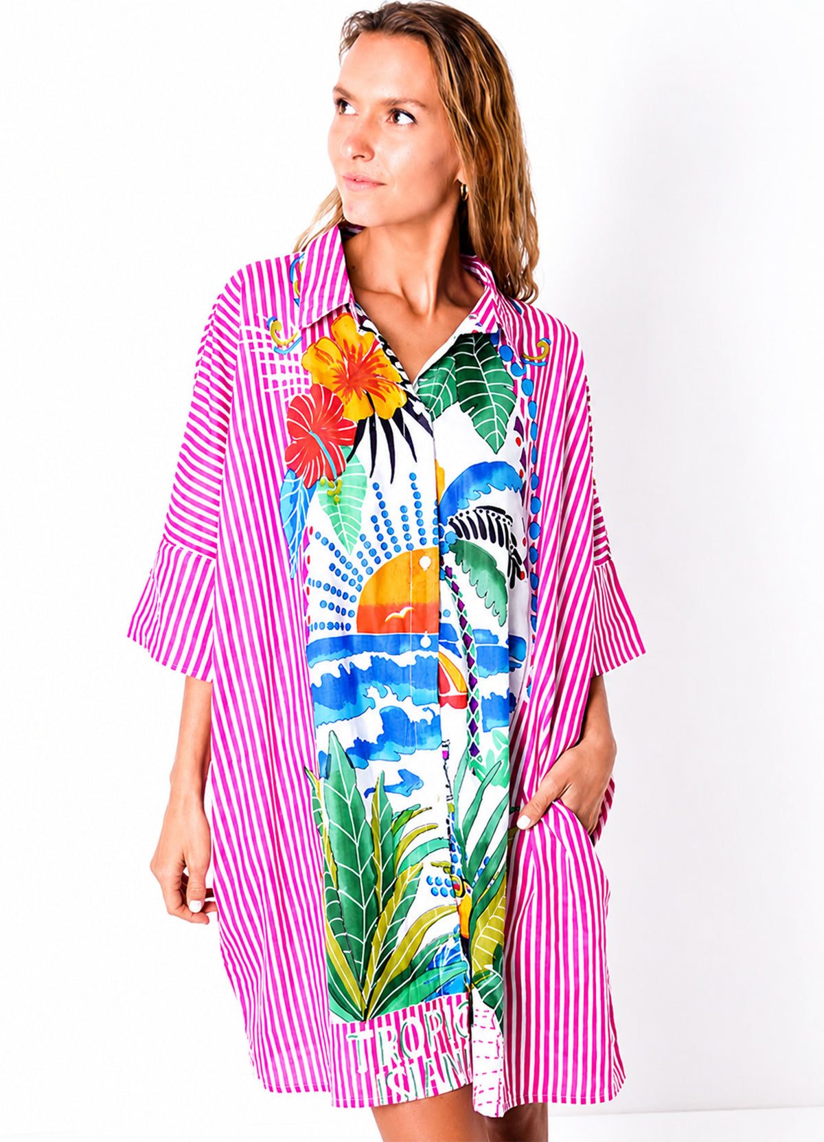 Chemise Coton Oversize Imprimee : 0451 Rose Fonce