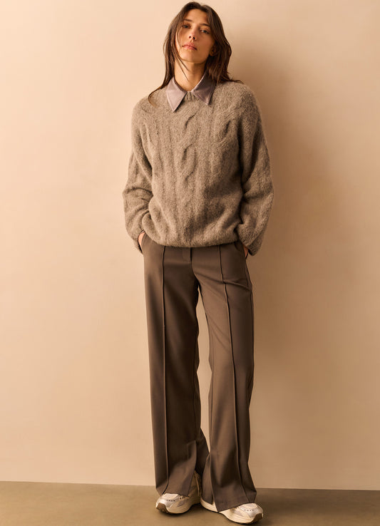 High Waist Straight Fit Trousers With Double Waistband : Dark Taupe Grey Melange 99031