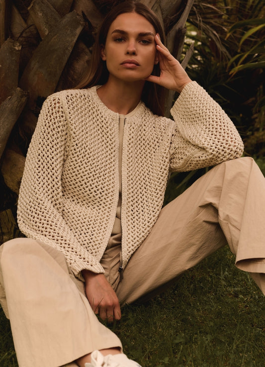 Mesh Stitch Cardigan With Zipper : Summer Sand 20908