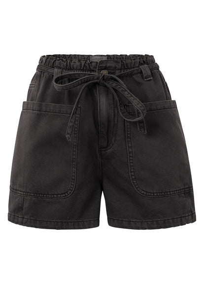 Garment Dye Woven High Waist Cargo Short : Washed Black 99989