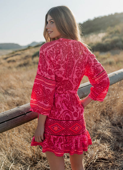 Long Sleeves Short Dress : Fucxia
