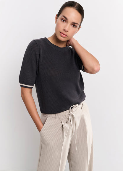 Textured Sweater Round Neck Short Sleeve : Phantom 94205