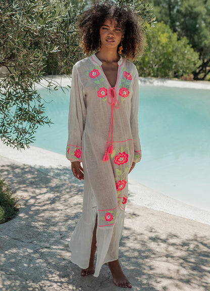 Embroidered Long Kaftan : White