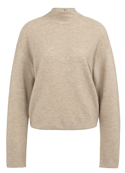 Textured High Neck Sweater With Buttons : Oxford Tan Brown Melange 513062