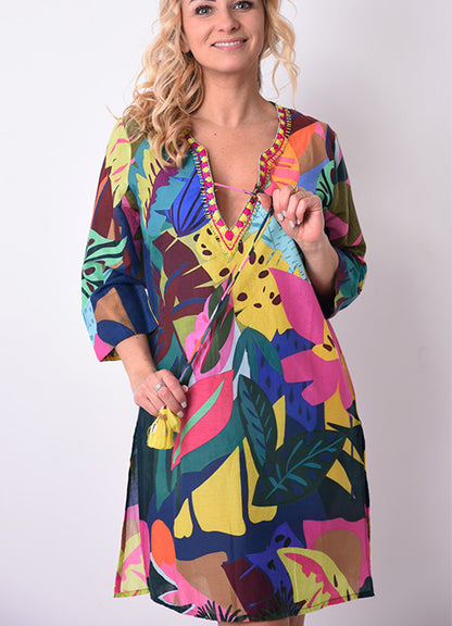 Tunique Col V Brode + Lien Coton : 1350 Multi Fonce