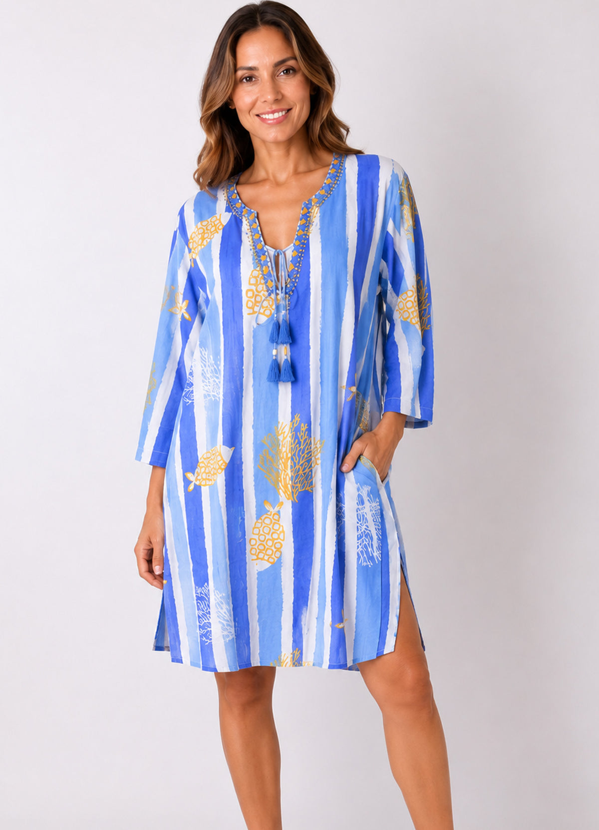 Tunique Col V Brode + Lien Coton : 0504 Bleu Clair