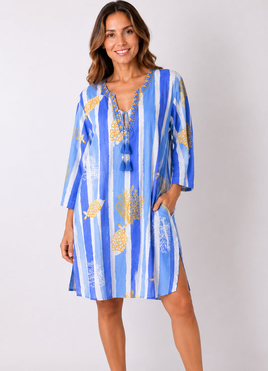 Tunique Col V Brode + Lien Coton : 0504 Bleu Clair