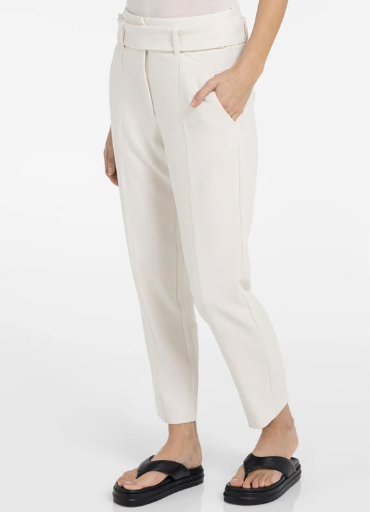 High Waist Straight Leg Trousers With Belt And Seam Details : Creme Beige 99058